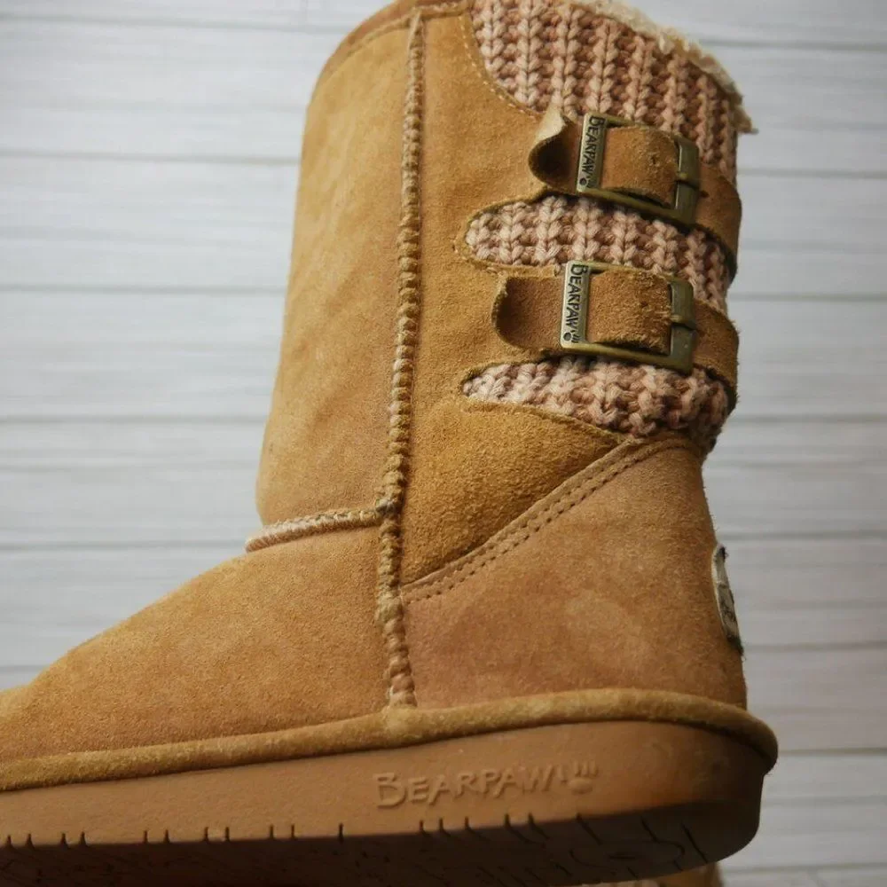 Bearpaw BOSHIE Youth Size 4 Tan Suede Wool Blend Sherpa Lined Mid Calf Boots